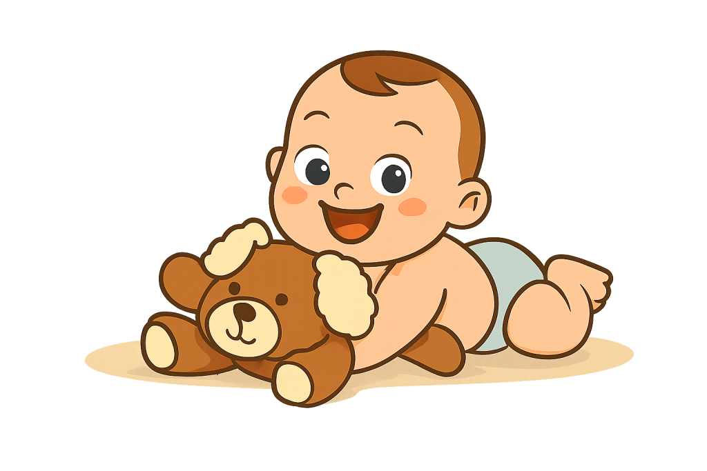 clipart ofa baby with plush toy in cartoon style