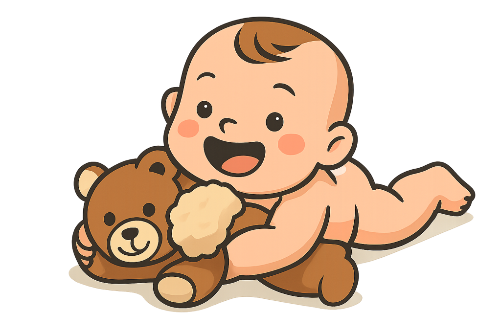 clipart ofa baby with plush bear in cartoon style