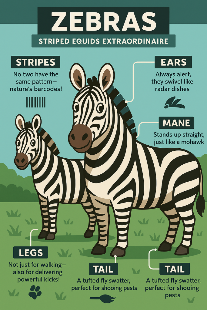 Infographics of a pair of zebras grazing in a lush green field, drawn in an illustration style.
