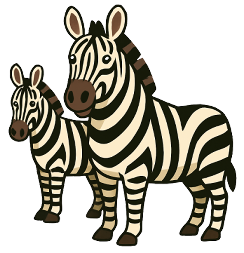 Two zebras standing side by side in a natural setting, showcasing their distinctive black and white stripes.