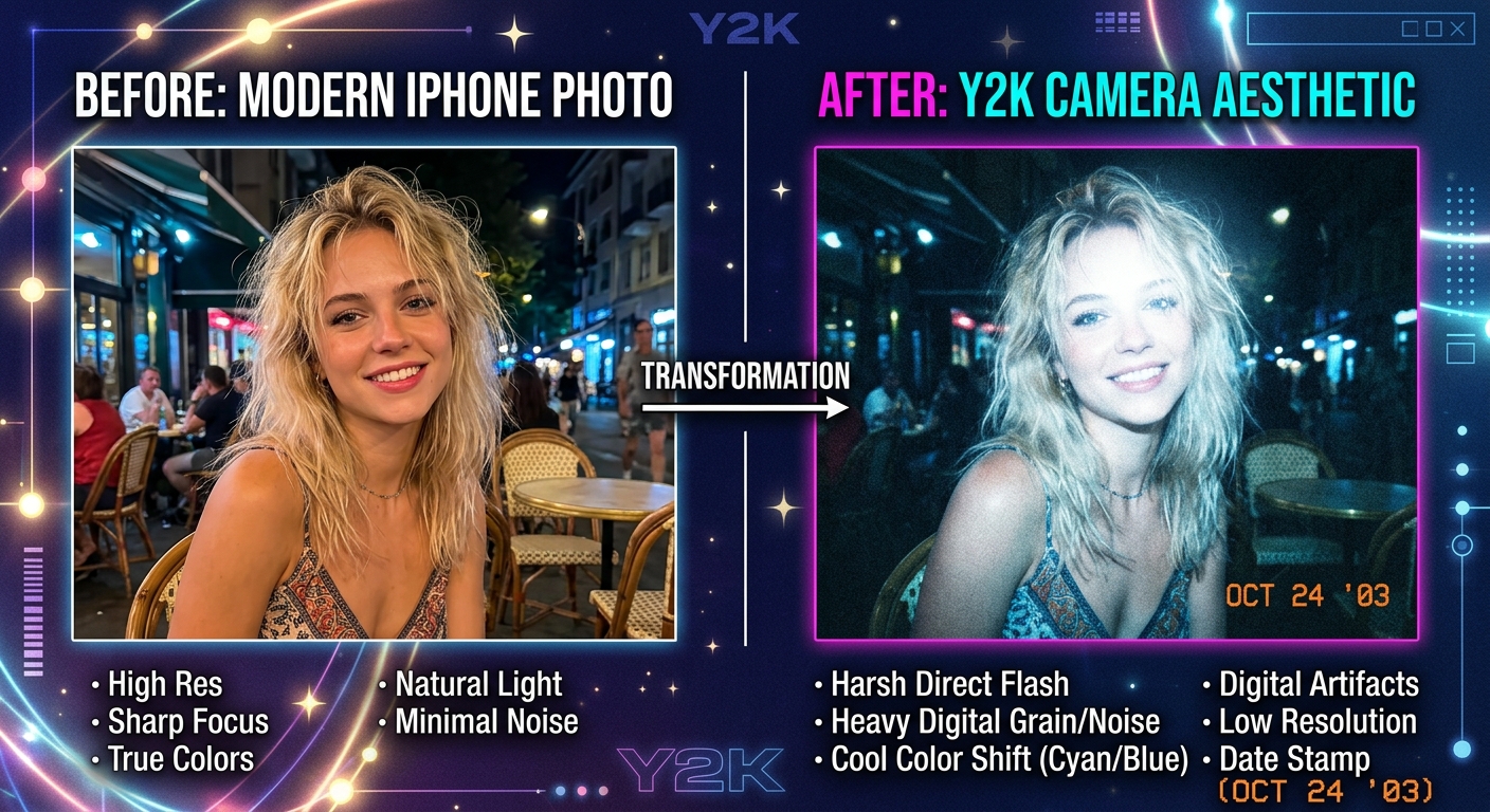Before and after comparison: modern photo transformed into Y2K camera aesthetic
