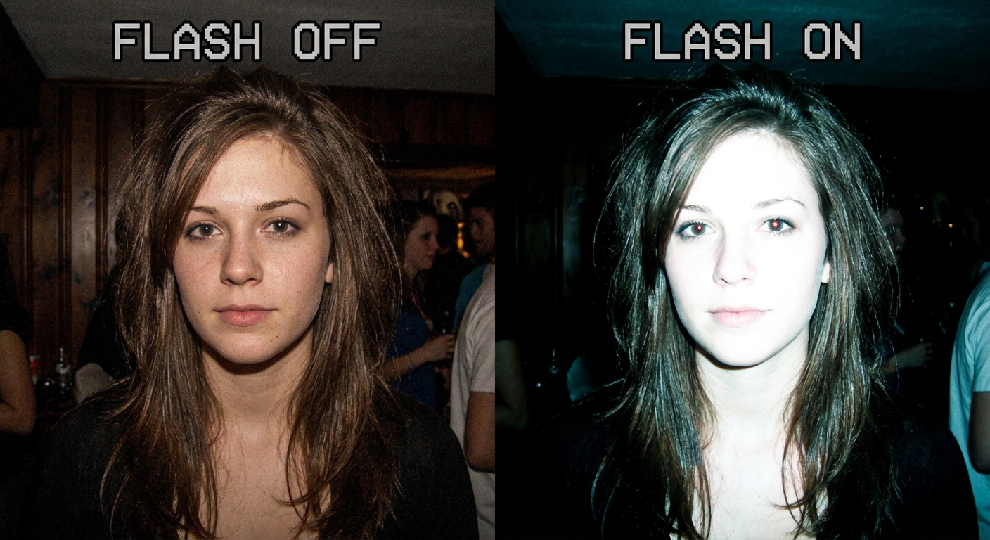 Y2K camera flash setting - overblown direct flash creating blown out highlights and dark backgrounds