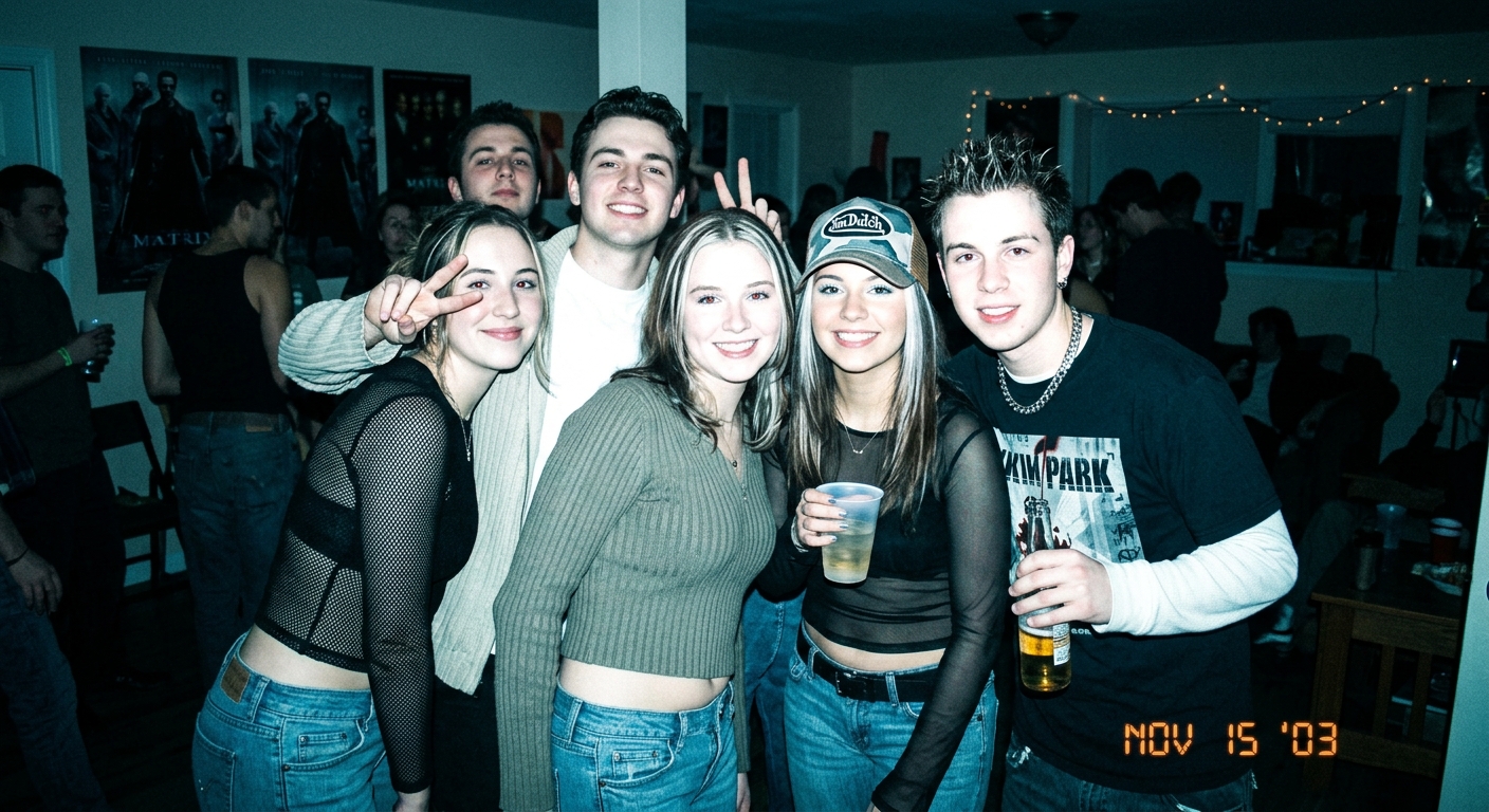 Y2K party photo example with harsh flash and dark background