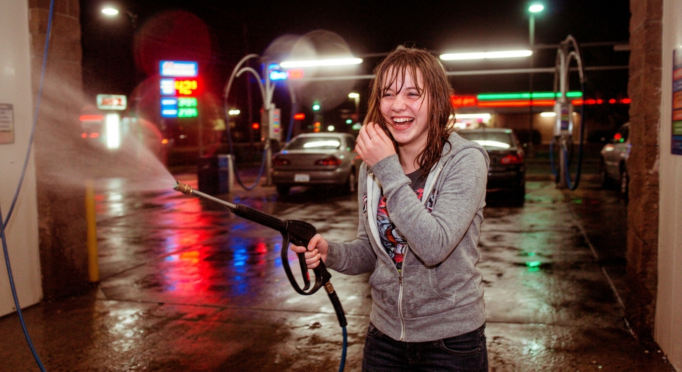 Close-up of cheerful girl at car wash with neon reflections, warm CCD digicam aesthetic