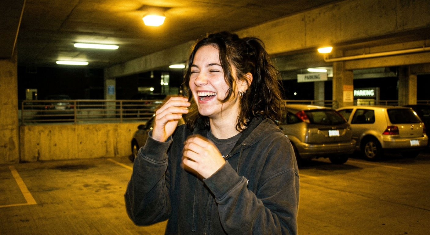 Close-up of cheerful woman laughing in parking garage, warm CCD digicam photo