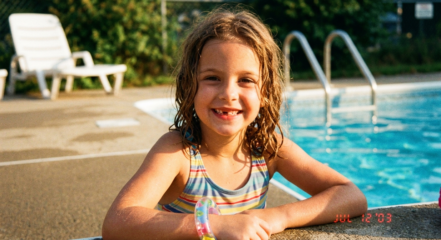 Close-up of joyful girl by swimming pool, golden warm CCD digicam aesthetic