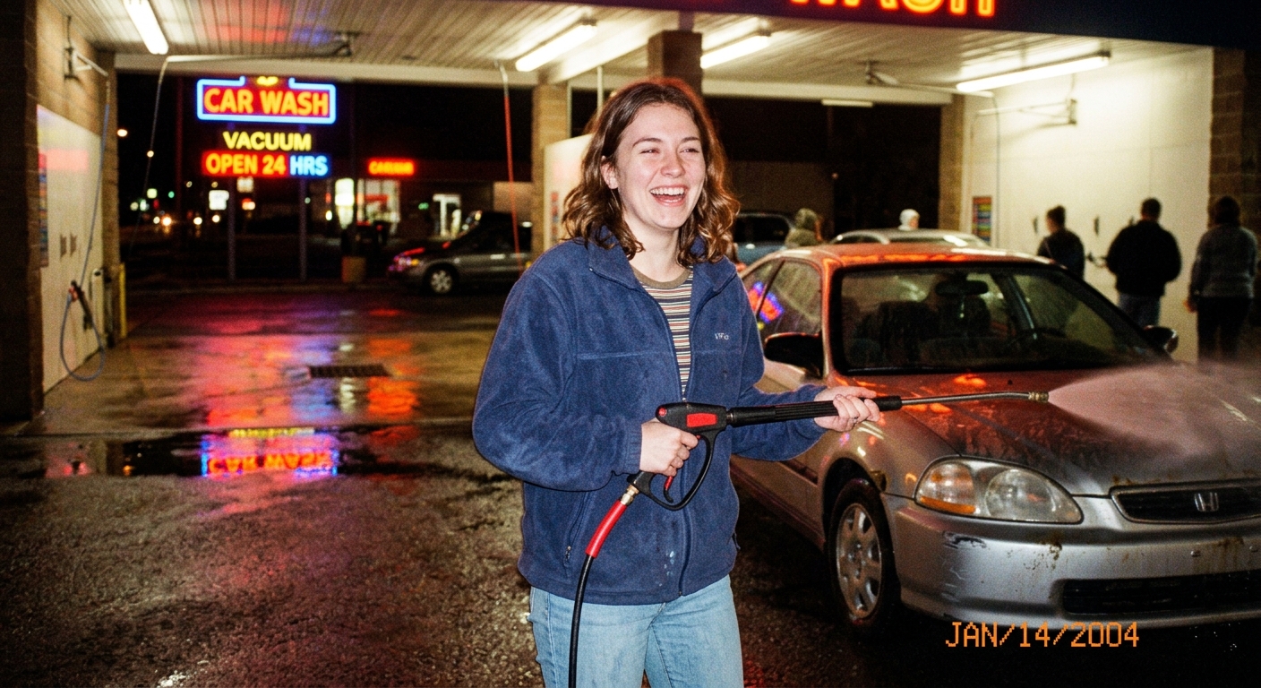 Close-up of happy woman in supermarket aisle, warm CCD digicam photo