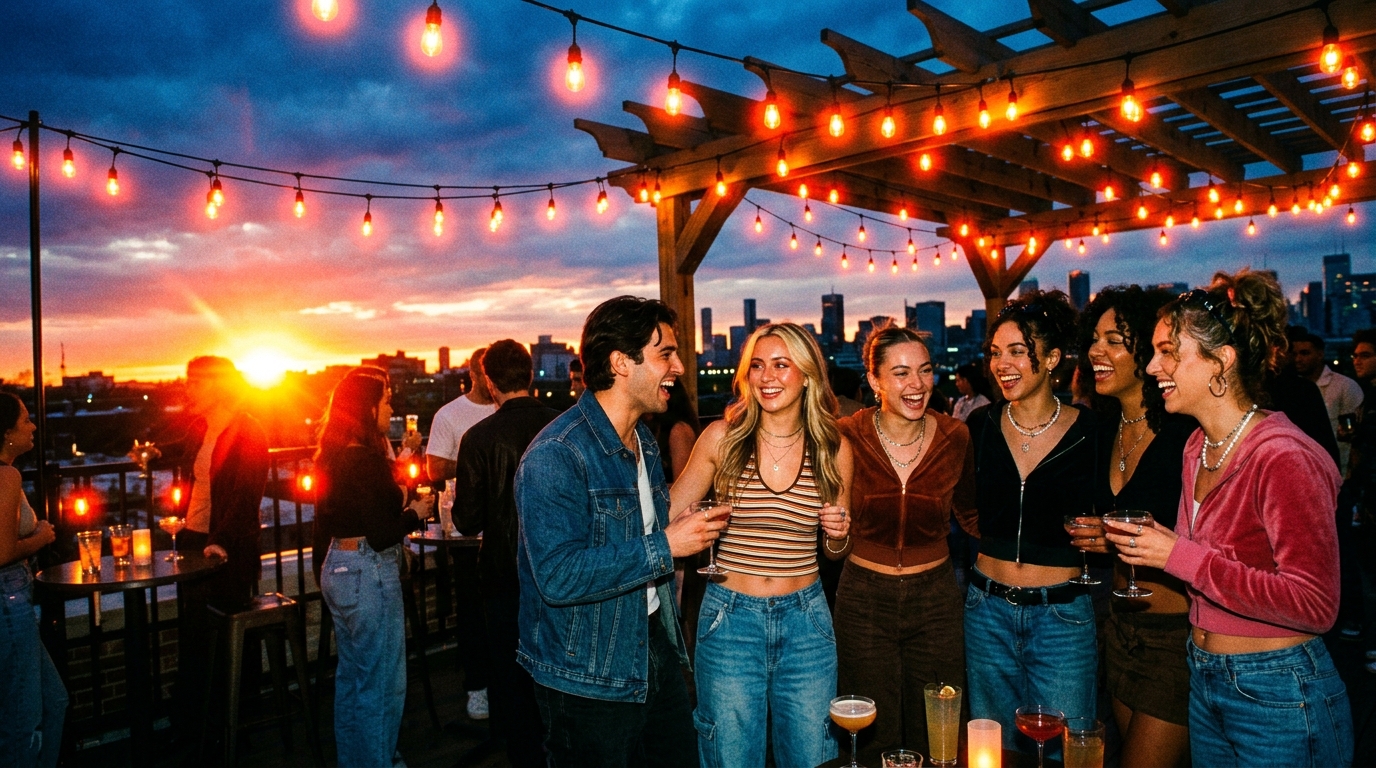 CCD color science combined with strong halation and film grain on a sunset rooftop party with string lights — the complete analog-film aesthetic