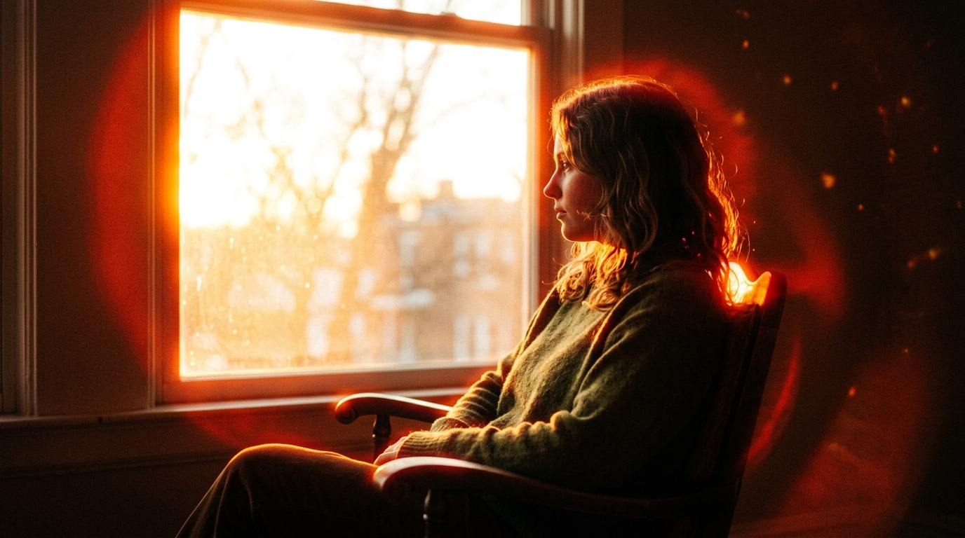 Dramatic halation effect example: CineStill 800T-style red-orange halo bleeding widely from a backlit window around a young woman in a cinematic golden-hour portrait